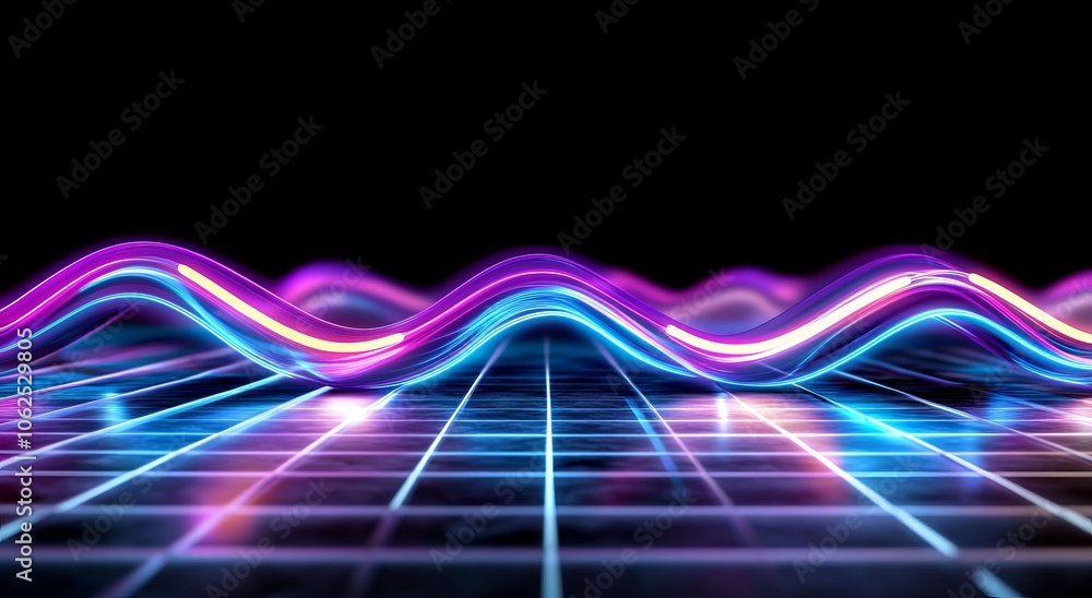 Poster exploring the vibrant intersection of light and motion in digital waveforms