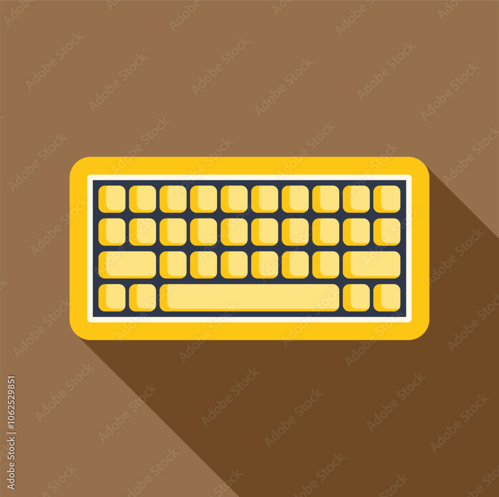 Poster yellow computer keyboard casting long shadow on brown background, representing modern technology and