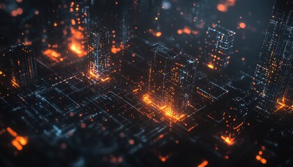 A Futuristic Cityscape with Glowing Towers and Circuitry