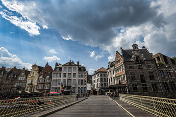 Classic Gabled Houses on Korenlei from Grasbrug under Dramatic Clouds - Ghent, Belgium