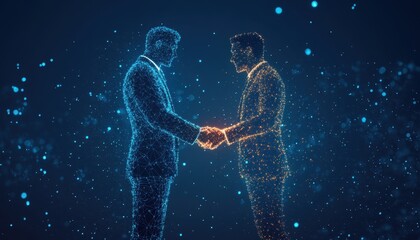 Two glowing figures shaking hands in a digital space