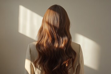 Fototapeta premium Woman with glossy, flowing hair from behind on white studio backdrop, highlighting keratin treatment results.