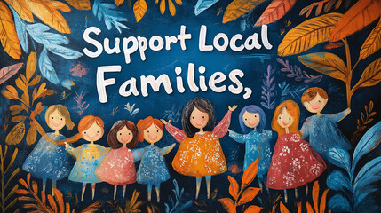 Colorful poster with images of community members and text like "Support Local Families," fundraiser poster,