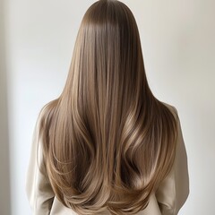 Naklejka premium Woman with glossy, flowing hair from behind on white studio backdrop, highlighting keratin treatment results.