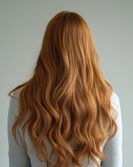 Fototapeta premium Woman with sleek, straight hair under soft studio lights, hand through hair, in professional beauty setting.