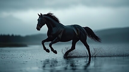 Obraz premium A majestic horse galloping through water against a dramatic overcast sky.