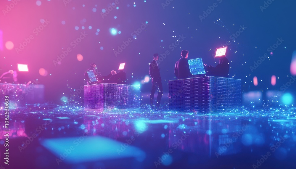 Aufkleber Silhouetted Figures Working on Computers in a Futuristic Digital Space