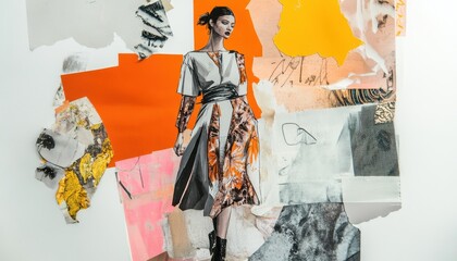 Fototapeta premium Fashion Illustration Collage with Torn Paper and Abstract Background