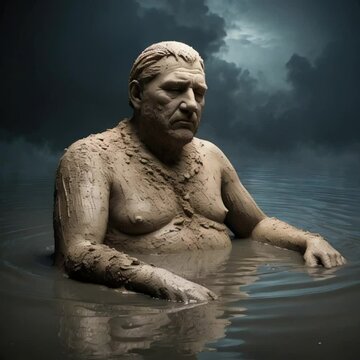 A lone, imposing sand sculpture of a man sits submerged in the murky, grey-brown water, his entire body caked in a thick layer of mud, with streaks of damp sand clinging to his face and torso