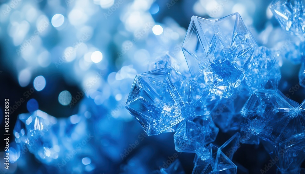 Poster close-up of crystalline structure with blue hues and bokeh