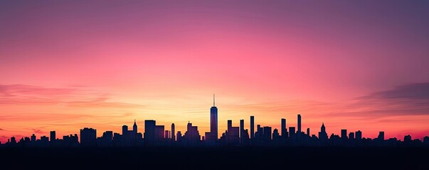 City skyline at sunset with vibrant colors and silhouetted buildings.