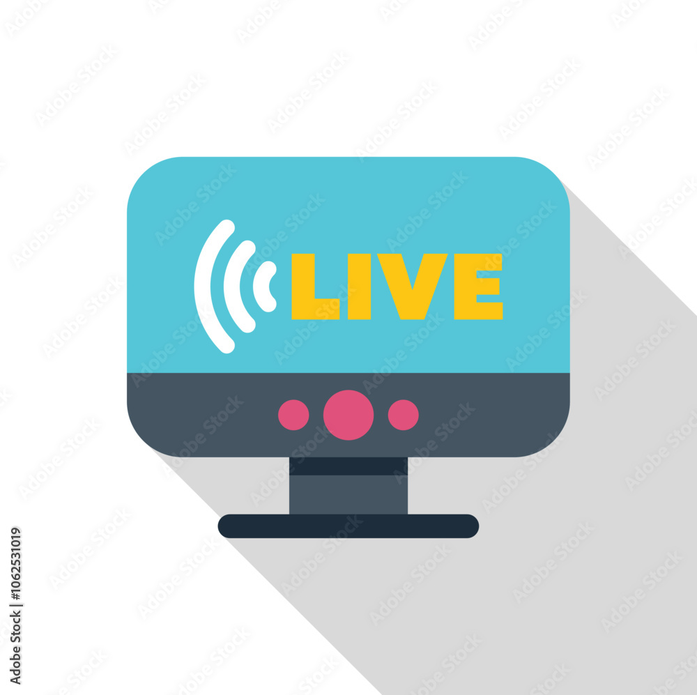 Poster desktop computer monitor displaying live streaming video with signal icon, representing online broad