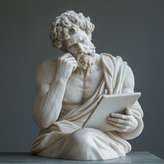 Greek marble statue of philosopher in contemplative pose, wearing sunglasses and holding tablet.

