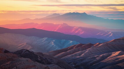 Naklejka premium Mountain Range with Warm Gradient Sky at Sunrise or Sunset
