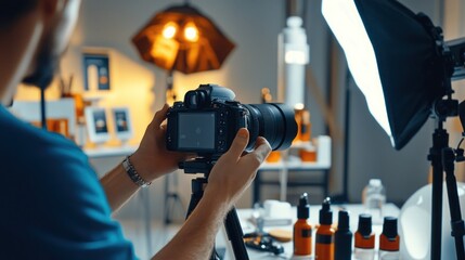A photographer takes photos of products in a studio.