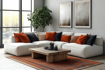 Cozy living room with a modern sectional sofa and earthy decor in natural light