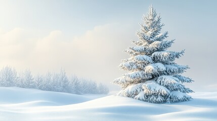 Isolated fir tree standing in a blanket of fresh snow, capturing the tranquil essence of winter