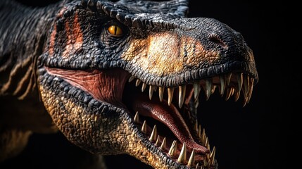 Obraz premium Close-up of a Tyrannosaurus Rex's Open Mouth with Sharp Teeth and Yellow Eye