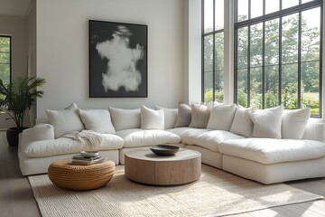 Cozy living room with a large sectional sofa, round coffee table, and natural light on a sunny day