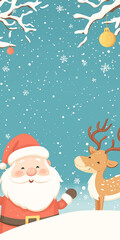 Fototapeta premium Christmas Cartoon Background: Santa and reindeer in vertical layout. Turquoise theme 