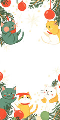 Naklejka premium Chibi Christmas Kittens Playing: Red and green yarn, blank top half