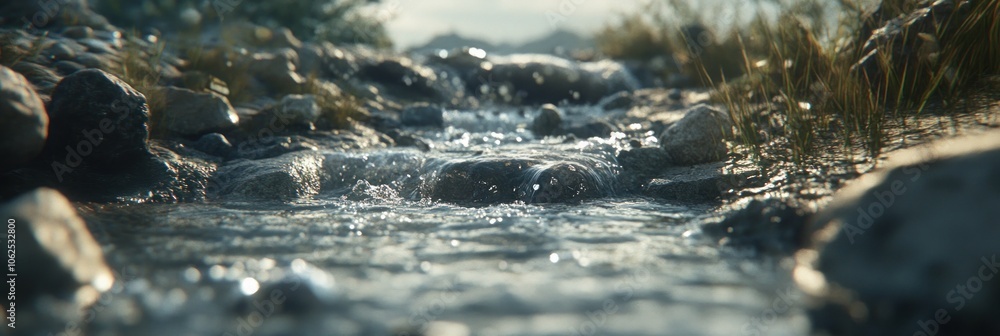 Poster close-up of a small stream flowing over smooth river rocks.