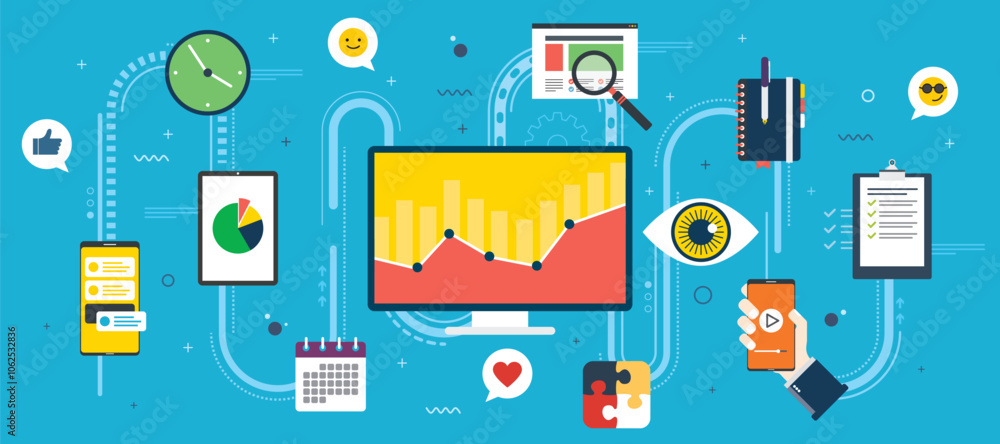 Aufkleber vector graphic illustration of icon set with concept of digital marketing and data analytics. icons 