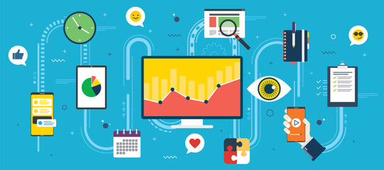 Vector graphic illustration of icon set with concept of digital marketing and data analytics.  Icons of charts, graphs, and communication devices, social media.
