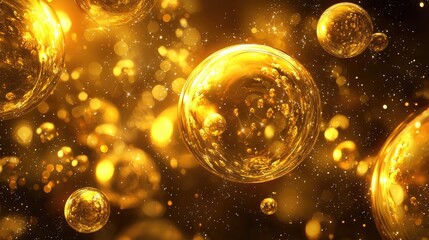 Golden Spheres and Shimmering Lights in a Dark Background