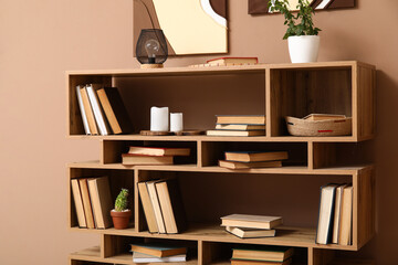 Modern shelving unit with books, houseplants and home decor near brown wall