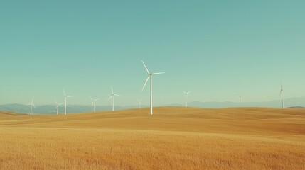 Wind Turbines in Golden Field Under Clear Sky
