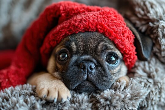 Cute pug wearing a red hat snuggles on a blanket