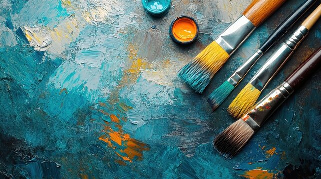set of accessories for painting with paints and brushes. fine art tools. creative composition in flatley style . top view. copy space.