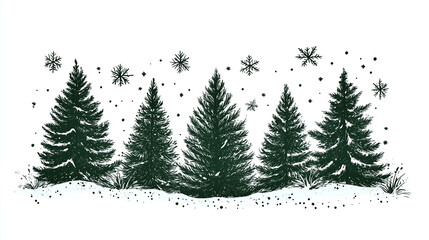  hand drawn sketch of a patch of Christmas trees. Forest green ink on white background.