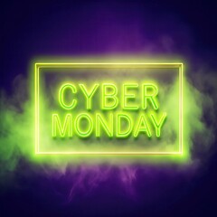 Bright neon green Cyber Monday sign shines against a dark background, surrounded by swirling smoke. Perfect for marketing and promotional materials related to online sales during the holiday season.
