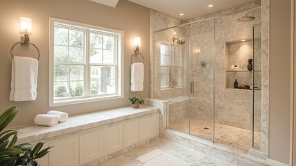 A bathroom with a bench and a shower stall