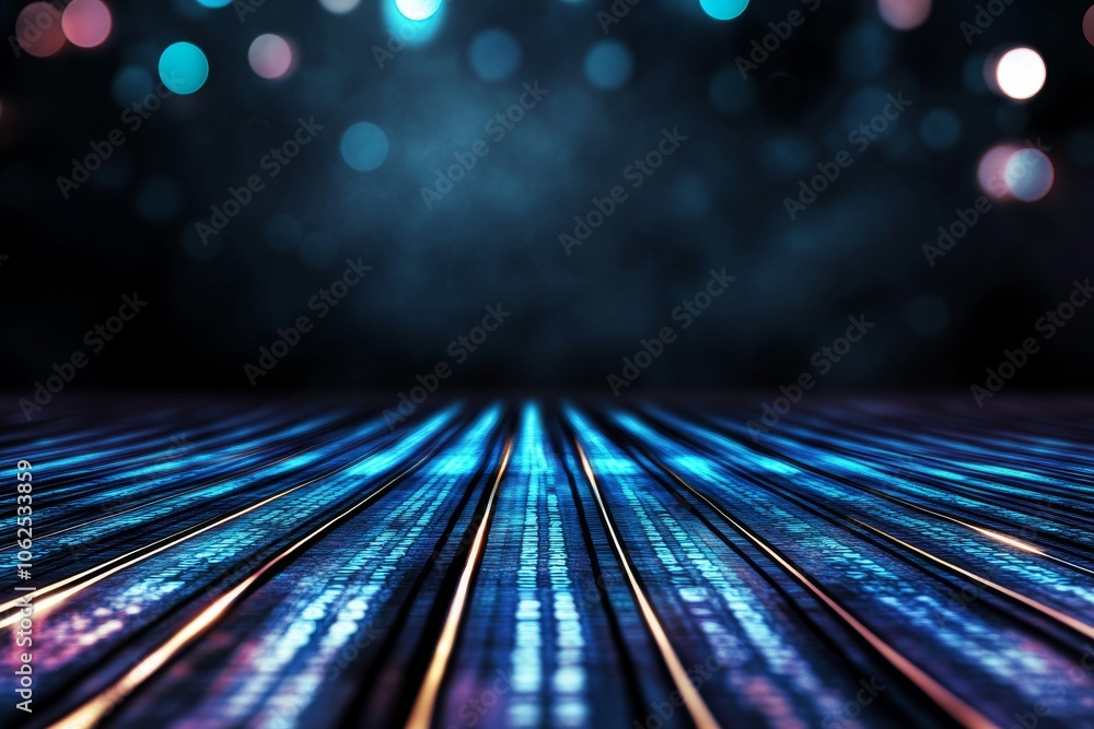 Poster exploring the depths of digital innovation through vibrant data streams and light patterns