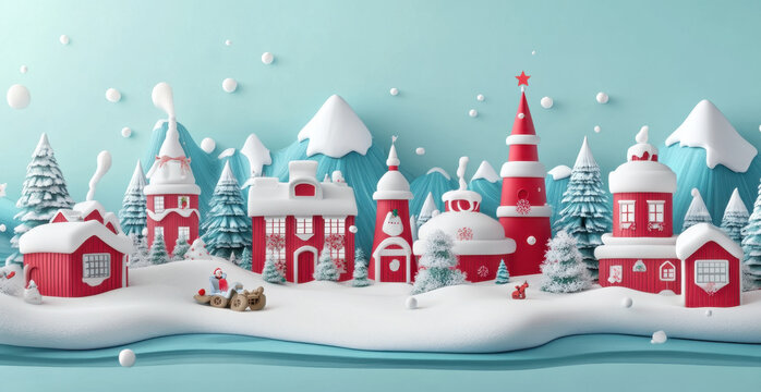 whimsical winter scene featuring vibrant North Pole landscape with charming red houses, snow covered trees, and playful snowflakes. This enchanting setting captures magic of Christmas