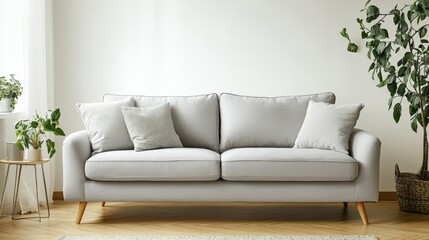 A large gray couch sits in a room with a potted plant and a few pillows
