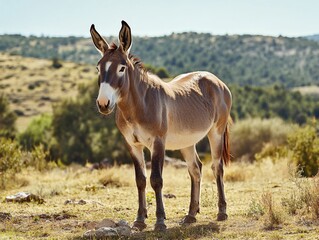 Mule Standing Sturdy in Rural Landscape with Soft Natural Blur Background