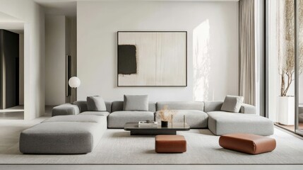 A living room with a large couch and a painting on the wall