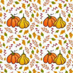 Seamless autumn pattern. Hand drawn yellow and orange pumpkins and bright leaves on white background. Design for Halloween holiday costume, greeting card, banner, party invitation. 