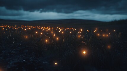 Obraz premium A field of glowing fireflies at night under a dark cloudy sky.