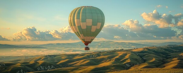 Hot air balloon flying over beautiful green hills during sunset.