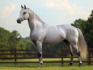 Obraz premium White Horse Standing Gracefully in Scenic Pasture with Soft Natural Blur Background in the field