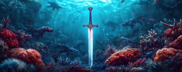 Naklejka premium Sword submerged in vibrant coral reef, underwater scene, peaceful marine environment.