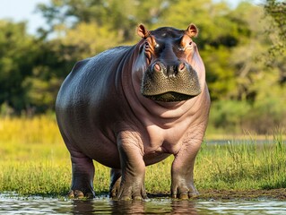 Hippopotamus Relaxing by Riverbank with Soft Natural Blur Background