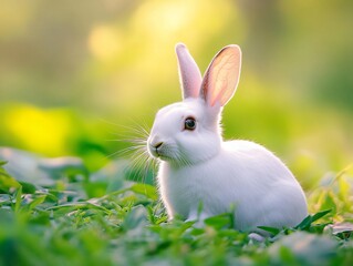 Obraz premium White Rabbit Sitting Peacefully on Green Grass with Soft Natural Blur Background