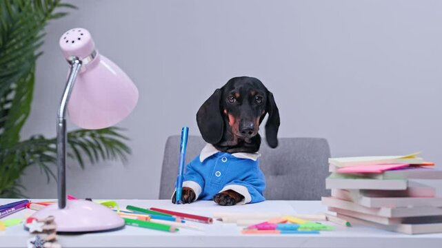 A dachshund wearing a blue suit sits at a desk with office supplies, portraying a humorous take on business life.