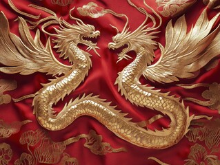 Obraz premium Detailed gold embroidery of two powerful dragons on vibrant red fabric, representing strength and authority in Chinese tradition.